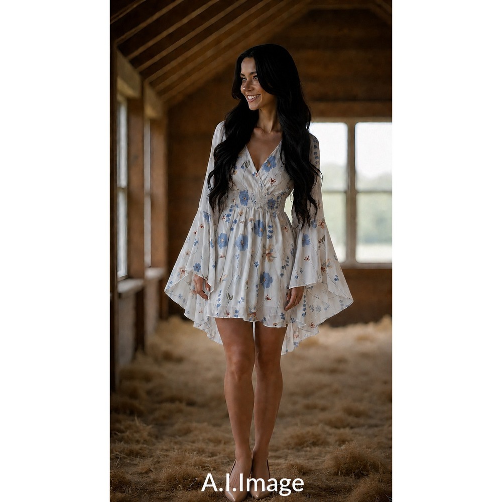 Floral V-Neck Smocked Waist Mini Dress Blue White Bell Sleeve Boho Summer